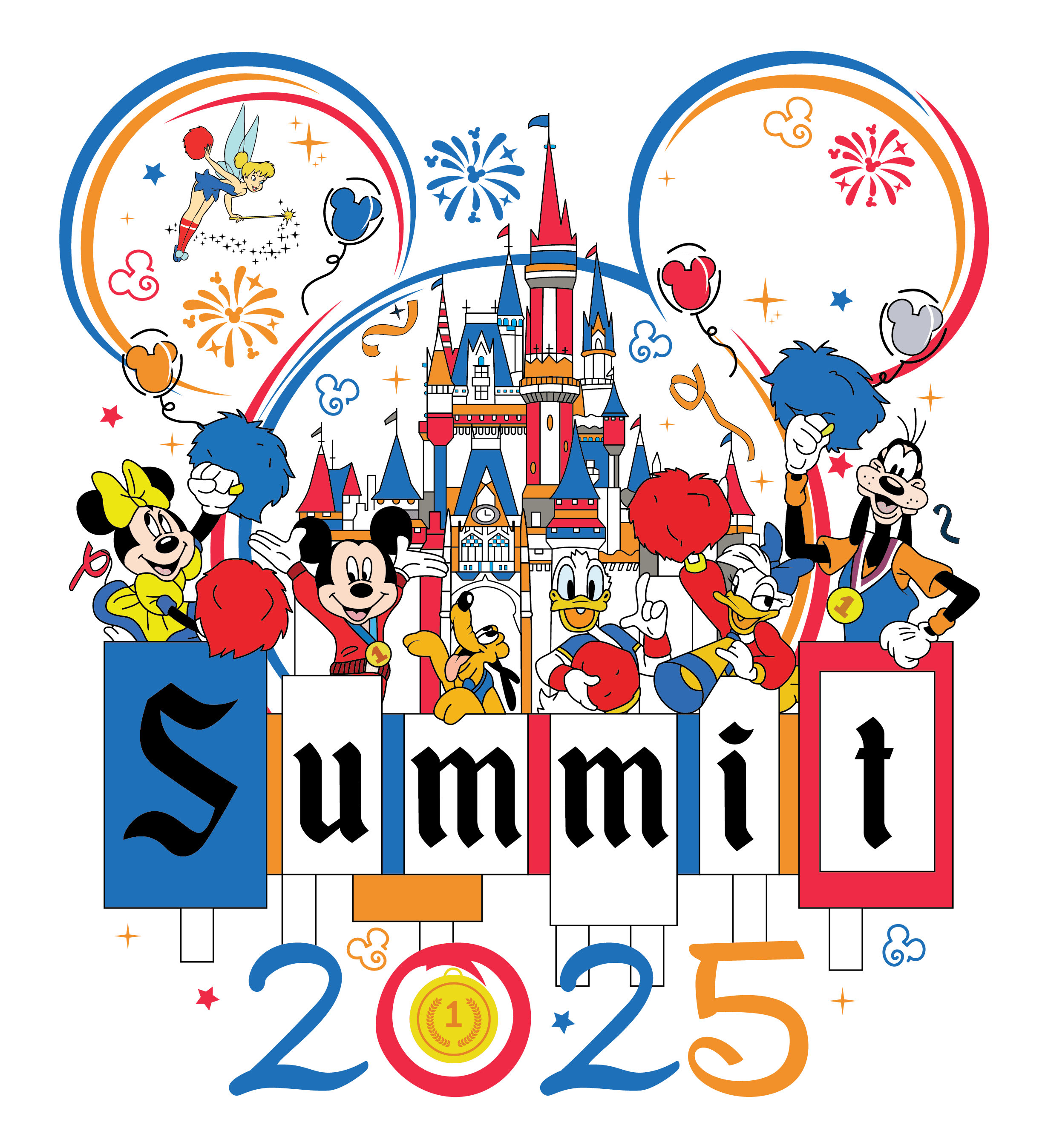 Colorful illustration of Mickey, Minnie, Donald, Goofy, Pluto, and Tinker Bell with Cinderella’s Castle and fireworks, text reads "Summit 2025"